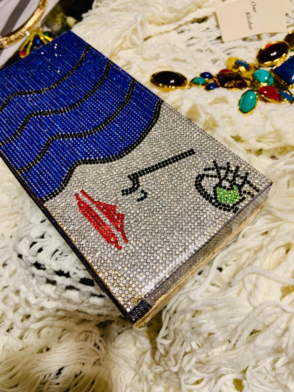 Colorful Rhinestone Face Clutch - Blue Wave Design - Picture 6 of 6